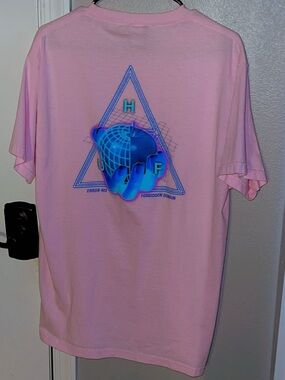 HUF Pink Short-Sleeve Tee with Blue Worldwide Online Logo